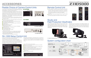 Page 334
ACCESSORIES
Flexible Choice of Camera Control Units
Two models of Camera Control Units are offered for the Z-HD5000 
camera system.  The CU-HD1000 and the CU-HD500 CCUs both 
serve applications for Studio and Field production.
The CU-HD1000 offers the ability of 50/60Hz line power switching, it 
is compliant with RoHS/ WEEE directives* and as a standard
function, the ability to output 1080i (50/59.94) or 720p (50/59.94) 
(CU-HD1000).  Its reduced size  (
half-rack width/ 3RU’ s high)
, weight 
( 7Kg...