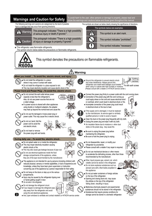 Page 2Window open
An insulation failure due to moisture or  when dust 
sticks on the power plug,  may cause fire.

Do not enter in the refrigerator.falling down, resulting in injury.
 
 

  Do not use electrical appliances inside the food 
    storage compartments of the appliance, unless 

  Do not damage the refrigerant circuit.
 
 
    using fire and electrical appliances. 
 
 
 
 
    this appliance.

harm or damage that may occur from ignoring directions.

 of directions.
 
     

 
  of fire.
Warnings...