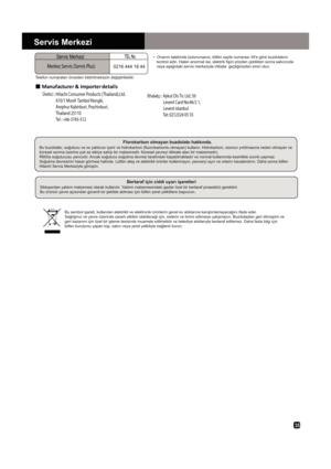 Page 350216 444 18 44Merkez Servis (Servis Plus)Servis Merkezi
 
 
 
 

 



 
 

S    z  
 


Manufacturer & Importer details
Üretici : Hitachi Consumer Products (Thailand),Ltd. 
                610/1 Moo9  Tambol Nongki, 
                Amphur Kabinburi, Prachinburi,
                Thailand 25110
                Tel : +66-3745-512 thalatç : Aykut Dis Tic Ltd. Sti
                   Levent Card No:46/2 1, 
                   Levent istanbul
                   Tel: 0212324 05 55
35 