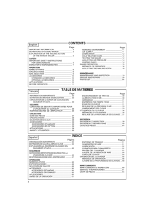 Page 22
CONTENTS
TABLE DE MATIERESFrançaisPageINFORMATION IMPORTANTE ............................... 22DEFINITION DES MOTS DE SIGNALISATION.............. 22
EXPLICATION DE L’ACTION DE CLOUAGE DU
CLOUEUR HITACHI .......................................... 22
SECURITE
CONSIGNES DE SECURITE IMPORTANTES POUR
L’UTILISATION DU CLOUEUR ........................ 23
RESPONSABILITES DE L’EMPLOYEUR ................. 26
UTILISATION
NOM DES PIECES ................................................... 27
SPECIFICATIONS...