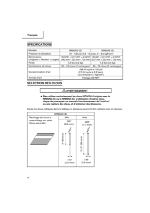 Page 28Français
28
SPECIFICATIONS
Modèle
Pression d’utilisation
Dimensions
Longueur × Hauteur × Largeur
Poids
Contenance de clous
Consommation d’air
Arrivée d’airNR90AD (S) NR90AE (S)
70 – 120 psi (4.9 – 8.3 bar, 5 – 8.5 kgf/cm
2)
18-3/16 × 12-11/16 × 4-15/16 20-3/4 × 12-11/16 × 4-15/16
(462 mm × 322 mm × 125 mm) (527 mm × 322 mm × 125 mm)
7.0 lbs (3.2 kg) 7.5 lbs (3.4 kg)
50 – 74 clous (2 recharges) 64 – 70 clous (2 recharges)
.088 ft
3/cycle à 100 psi
(2.5 ltr/cycle à 6.9 bars)
(2.5 ltr/cycle à 7 kgf/cm
2)...