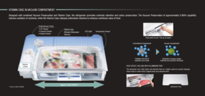 Page 4Approx. 55cm Wide*2
Designed  with  combined Vacuum  Preservation  and Vitamin  Case,  the  refrigerator  promotes  nutrients  retention  and  colour  preservation. The Vacuum  Preservation  of  approximately  0.8hPa  capability    
reduces oxidation of nutrients, while the Vitamin Case releases antioxidant vitamins to enhance nutritional value \
of food.
VITAMIN CASE IN VACUUM COMPARTMENT
Approx.0.8hPa
Vitamin Case 
Releases Antioxidant 
VitaminsTemperature Sensor
Small Vacuum Pump
• CO
2 Sensor 
•...