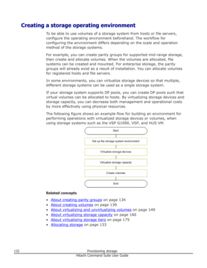 Page 132Creating a storage operating environmentTo be able to use volumes of a storage system from hosts or file servers,
configure the operating environment beforehand. The workflow for
configuring the environment differs depending on the scale and operation
method of the storage systems.
For example, you can create parity groups for supported mid-range storage,
then create and allocate volumes. When the volumes are allocated, file
systems can be created and mounted. For enterprise storage, the parity groups...