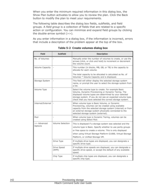 Page 142When you enter the minimum required information in this dialog box, the
Show Plan button activates to allow you to review the plan. Click the Back button to modify the plan to meet your requirements.
The following table describes the dialog box fields, subfields, and field groups. A  field group  is a collection of fields that are related to a specific
action or configuration. You can minimize and expand field groups by clicking
the double-arrow symbol (>>).
As you enter information in a dialog box, if...