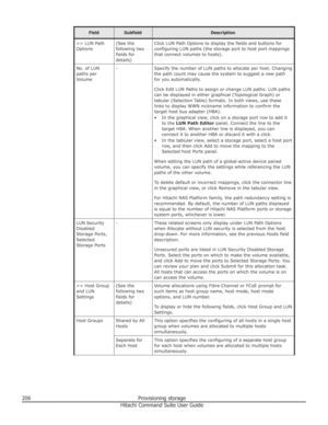 Page 206FieldSubfieldDescription>> LUN Path
Options(See the
following two
fields for
details)Click LUN Path Options to display the fields and buttons for configuring LUN paths (the storage port to host port mappings
that connect volumes to hosts).No. of LUN
paths per
Volume-Specify the number of LUN paths to allocate per host. Changing
the path count may cause the system to suggest a new path for you automatically.
Click Edit LUN Paths to assign or change LUN paths. LUN paths
can be displayed in either graphical...