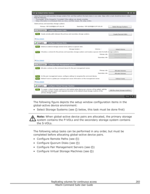 Page 283The following figure depicts the setup window configuration items in theglobal-active device environment:
• Select Storage Systems (see 
 below, this task must be done first)
Note:  When global-active device pairs are allocated, the primary storage
system contains the P-VOLs and the secondary storage system contains the S-VOLs.
The following setup tasks can be performed in any order, but must be
completed before allocating global-active device pairs.
• Configure Remote Paths (see 
)
• Configure Quorum...