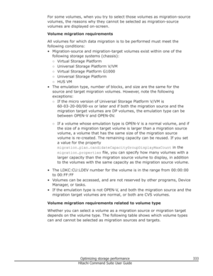 Page 333For some volumes, when you try to select those volumes as migration-sourcevolumes, the reasons why they cannot be selected as migration-source volumes are displayed on-screen.
Volume migration requirements
All volumes for which data migration is to be performed must meet the
following conditions:
• Migration-source and migration-target volumes exist within one of the following storage systems (chassis):
○ Virtual Storage Platform
○ Universal Storage Platform V/VM
○ Virtual Storage Platform G1000
○...