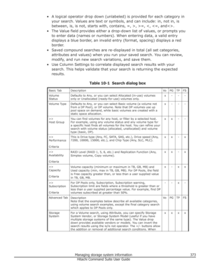 Page 373• A logical operator drop down (unlabeled) is provided for each category inyour search. Values are text or symbols, and can include: in, not in, isbetween, is, is not, starts with, contains, =, >, >=, 
Host GroupYou can find volumes for any host, or filter by a selected host.
For example, using any volume status and any volume type for
a specific host finds all volumes for the host. You can refine your
search with volume status (allocated, unallocated) and volume
type (basic, DP).xx-->>
Performance...