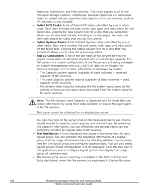 Page 398Reserved, Mainframe, and Free volumes. This chart applies to all of the
managed storage systems, collectively. Because capacities are calculated based on actual volume capacities, the capacity of virtual volumes, such as
DP volumes, is not included.
• Failed HCS Tasks:  A list of failed HCS tasks submitted by you or other
users. Each item includes the task name, task type, and description for the
failed task. Clicking the Task column link for a task that you submitted
allows you to view task details,...