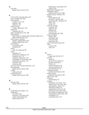 Page 470Ooverview global-active device 276
P P-VOL Write Transfer Rate 435pair management 308
parity group creation 134, 135
deleting 138
deletion 137
parity groups create, dialog box 136
password changing 89, 90
path management 223, 366
performance optimizing by setting data transfer speed for a
Fibre Channel port 220
performance reporter display configuration 420
display differences 422
permissions by function 108
changing 90
policy User ID, password 87
pools deleting 172
threshold, modifying 172
creating 162,...