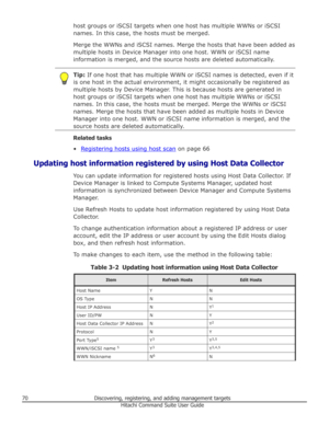 Page 70host groups or iSCSI targets when one host has multiple WWNs or iSCSInames. In this case, the hosts must be merged.
Merge the WWNs and iSCSI names. Merge the hosts that have been added as
multiple hosts in Device Manager into one host. WWN or iSCSI name
information is merged, and the source hosts are deleted automatically.Tip:  If one host that has multiple WWN or iSCSI names is detected, even if it
is one host in the actual environment, it might occasionally be registered as
multiple hosts by Device...