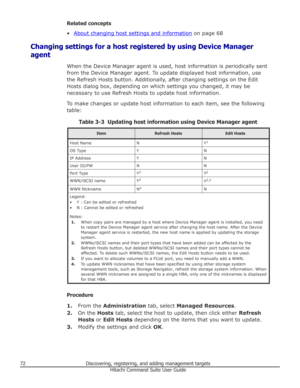 Page 72Related concepts
•
About changing host settings and information  on page 68
Changing settings for a host registered by using Device Manager agent
When the Device Manager agent is used, host information is periodically sentfrom the Device Manager agent. To update displayed host information, use
the Refresh Hosts button. Additionally, after changing settings on the Edit
Hosts dialog box, depending on which settings you changed, it may be
necessary to use Refresh Hosts to update host information.
To make...