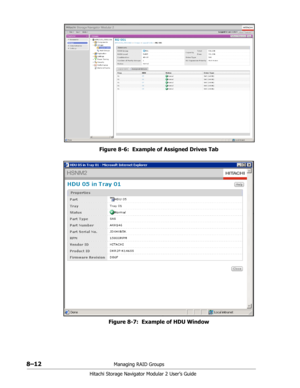 Page 1208–12Managing RAID Groups
Hitachi Storage Navigator Modular 2 User’s Guide
Figure 8-6:  Example of Assigned Drives Tab
Figure 8-7:  Example of HDU Window 