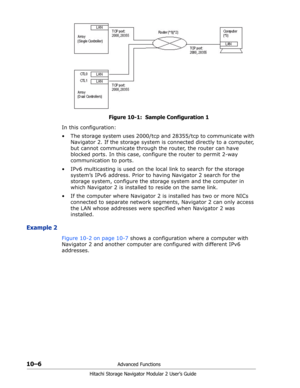 Page 14410–6Advanced Functions
Hitachi Storage Navigator Modular 2 User’s Guide
 
Figure 10-1:  Sample Configuration 1
In this configuration:
• The storage system uses 2000/tcp and 28355/tcp to communicate with 
Navigator 2. If the storage system is connected directly to a computer, 
but cannot communicate through the router, the router can have 
blocked ports. In this case, configure the router to permit 2-way 
communication to ports.
• IPv6 multicasting is used on the local link to search for the storage...