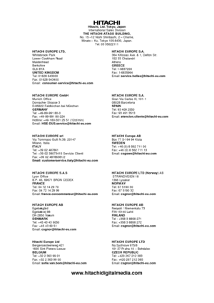 Page 47 Hitachi, Ltd. Tokyo, Japan 
International Sales Division  
THE HITACHI ATAGO BUILDING,  
No. 15  –12 Nishi Shinbashi, 2  – Chome,  
Minato  – Ku, Tokyo 105 -8430, Japan.  
Tel: 03 35022111  
 
HITACHI EUROPE LTD,  
Whitebrook Park  
Lower Cookham R oad 
Maidenhead  
Berkshire  
SL6 8YA  
UNITED KINGDOM  
Tel: 01628 643000  
Fax: 01628 643400  
Email:   consume r-service@hitachi -eu.com
 
 
 
 
HITACHI EUROPE S.A.  
364 Kifissias Ave. & 1, Delfon Str.  
152 33 Chalandri  
Athens  
GREECE  
Tel: 1...