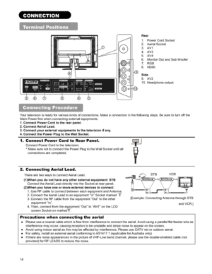 Page 1414
CONNECTION
Ter minal Positions 
Rear  
1.  Power Cord Socket 
2. Aerial Socket 
3. AV1 
4. AV3 
5. AV4  
6.  Monitor Out and Sub Woofer 
7. RGB  
8. HDMI 
Side 
9. AV2 
10. Headphone output 
Connecting Procedure 
Your television is ready for various kinds of connections. Make a connection in the following steps. Be sure to turn off the 
Main Power first when connecting external equipments.   
1. Connect Power Cord to the rear panel.   
2. Connect Aerial Lead.   
3. Connect your external equipments to...