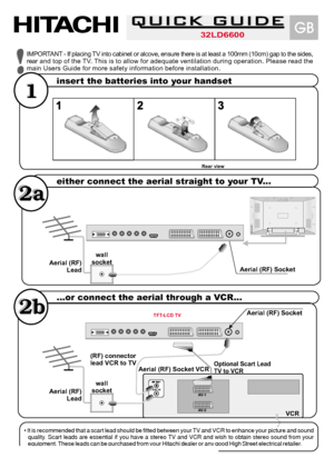 Page 30TV/AV MENU P/CH VOLUME
Rear view
ANT.IN
VCR
AV- 1
AV- 2
QUICK GUIDEQUICKGUIDEQUICK GUIDE
IMPORTANT - If placing TV into cabinet or alcove, ensure there is at least a 100mm (10cm) gap to the sides,
rear a n d t o p o f t h e T V.This is to allow for adequate ventilation during operation. Please read the
main Users Guide for more safety information before installation.
insert the batteries into your handset
either connect the aerial straight to your TV...
...or connect the aerial through a VCR...
Aerial...