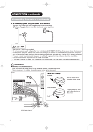 Page 20
&211(&7,21FRQWLQXHG
&RQQHFWLQJ3URFHGXUHFRQWLQXHG
&RQQHFWLQJWKHSOXJLQWRWKHZDOOVRFNHW
&RQQHFWWKH3RZHU&RUGDIWHUFRPSOHWLQJDOORWKHUFRQQHFWLRQV
7KHW\SHRISOXJLVGLIIHUHQWIURPWKLVGUDZLQJIRUVRPHFRXQWULHV
&$87,21

8VHRQO\WKH3RZHU&RUGSURYLGHG
RQRWXVHDSRZHUVXSSO\YROWDJHRWKHUWKDQWKDWLQGLFDWHG$&9+],WPD\FDXVH¿UHRUHOHFWULFVKRFN...