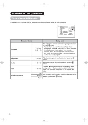 Page 34
0(1823(5$7,21FRQWLQXHG
3LFWXUH0HQX5*%PRGH
,QWKLVPHQX\RXFDQPDNHVSHFL¿FDGMXVWPHQWVIRUWKH5*%SLFWXUHEDVHGRQ\RXUSUHIHUHQFH
6HOHFWHG,WHPV 6HWXSKLQW
&RQWUDVWa
a7KLVDGMXVWVWKHFRQWUDVWWRPHHWWKHOLJKWLQJHQYLURQPHQW
E\XVLQJ

EXWWRQ
7KHPD[LPXPYDOXHFDQEHH[WHQGHGWR>@E\
SUHVVLQJDQGKROGLQJyEXWWRQDW>@ZKLFKFKDQJHV
WKHFRORUEHWZHHQWKRVHQXPEHUVIURPJUHHQWR
PDJHQWD7KLVLVWKHVSHFLDOIHDWXUHSUHSDUHGIRUWKH...