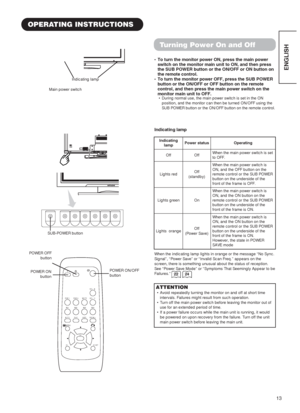 Page 1513
ENGLISH
OPERATING INSTRUCTIONS
Turning Power On and Off
•To turn the monitor power ON, press the main power
switch on the monitor main unit to ON, and then press
the SUB POWER button or the ON/OFF or ON button on
the remote control.
•To turn the monitor power OFF, press the SUB POWER
button or the ON/OFF or OFF button on the remote
control, and then press the main power switch on the
monitor main unit to OFF.
•  During normal use, the main power switch is set in the ON
position, and the monitor can...