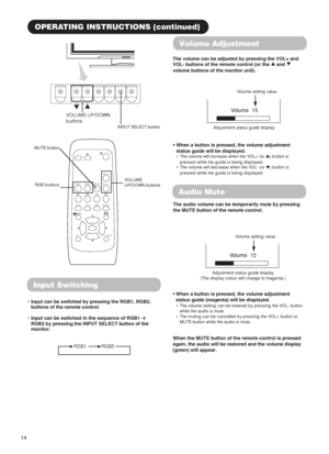 Page 1614
AV 1AV 2 RGB 1 RGB 2
AV 3 MUTE VOLVOL
AV 4
AUTO PinP
OK
SIZE RECALL
    MENU
ID
ID SET
OPERATING INSTRUCTIONS (continued)
Audio Mute
The audio volume can be temporarily mute by pressing
the MUTE button of the remote control.
• When a button is pressed, the volume adjustment
status guide (magenta) will be displayed.
•  The volume setting can be lowered by pressing the VOL- button
while the audio is mute.
•  The muting can be cancelled by pressing the VOL+ button or
MUTE button while the audio is mute....