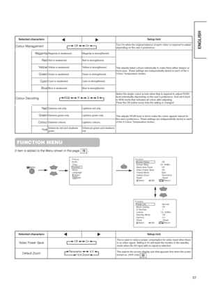 Page 3937
ENGLISH
Selected charactersSetup hint
Colour ManagementOff          OnTurn On when the original balance of each colour is required to adjust
depending on the user’s preference.
MagentaMagenta is weakened.Magenta is strengthened.
This adjusts listed colours individually to make them either deeper or
more pure. These settings are independently stored in each of the 4
Colour Temperature modes.
RedRed is weakened.Red is strengthened.
YellowYellow is weakened.Yellow is strengthened.
GreenGreen is...