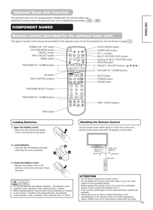 Page 4543
ENGLISH
Optional Tuner Unit Function
The optional tuner unit can operate when installed with the optional video unit.
Additional functions when the optional tuner unit is installed are as follows: (                      )
COMPONENT NAMES
Remote control (provided for the optional tuner unit)
POWER ON / OFF button
PICTURE MODE button
SURROUND button
Loading Batteries
1. Open the battery cover.
•  Slide back and remove the battery
cover in the direction of the arrow.
2. Load batteries.
•  Load two Size...