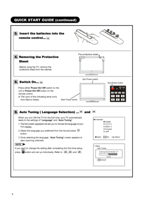 Page 11 
 
 
9 
 
 
QUICK START GUIDE (continued) 
 
3. Inser t the batteries into the 
remote control…
 12  
  
4. Removing the Protective 
Sheet 
Before using the TV, remove the 
protective sheet from the cabinet. 
  
5. Switch On… 19  
Press either Power On/ Off switch on the 
unit or Power On/ Off button on the 
remote control. 
●  The color of the indicating lamp turns 
from Red to Green. 
       
6. Auto Tuning ( Language Selection) …22  and 24  
When you turn ON the TV for the first time, your TV...