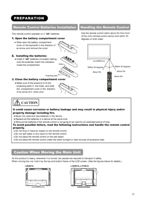 Page 14 
 
 
12 
 
 
PREPARATION 
Remote Control Batteries Installation  Handling the Remote Control 
This remote control operates on 2 “AA” batteries. 
1. Open the battery compartment cover 
● Slide open the battery compartment 
cover on the backside in the direction of 
an arrow, and remove the cover. 
2. Installing the batteries 
● Install 2 “AA” batteries (included) making 
sure the polarities match the indication 
inside the compartment. 
 
3. Close the battery compartment cover 
● Make sure of the...