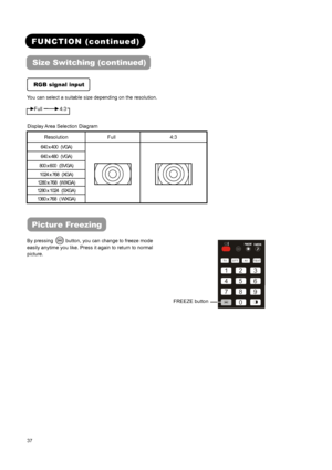 Page 39 
 
 
37 
 
 
FUNCTION (continued)   
Size Switching (continued) 
 
RGB signal input 
 
You can select a suitable size depending on the resolution.  
 
Full       4:3 
 
 
Display Area Selection Diagram 
Resolution Full  4:3 
640 x 400  (VGA) 
640 x 480  (VGA) 
800 x 600  (SVGA) 
1024 x 768    (XGA) 
1280 x 768    (WXGA) 
1280 x 1024    (SXGA) 
1360 x 768    ( WXGA) 
  
 
Picture Freezing   
By pressing          button, you can change to freeze mode 
easily anytime you like. Press it again to return to...