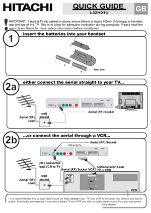 Page 40
Rear view
ANT.IN
VCR
AV-1
AV-2
IMPORTANT - If placing TV into cabinet or alcove, ensure there is at least a 100mm (10cm) gap to the sides,
rear and top of the TV. This is to allow for adequate ventilation during operation. Please read the
main Users Guide for more safety information before installation.
inser t the batteries into your handset
either connect the aerial straight to your TV...
...or connect the aerial through a VCR...
Aerial (RF) Socket
Aerial (RF) Socket
wall
socket wall
socket
Aerial...