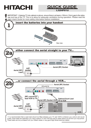 Page 41Rear view
ANT.IN
VCR
AV- 1
AV- 2
IMPORTANT - If placing TV into cabinet or alcove, ensure there is at least a 100mm (10cm) gap to the sides, 
rear and top of the TV. This is to allow for adequate ventilation during operation. Please read the 
main Users Guide for more safety information before installation.
insert the batteries into your handset
either connect the aerial straight to your TV...
...or connect the aerial through a VCR...
Aerial (RF) Socket Aerial (RF) Socket
wall
socketwall
socket
Aerial...