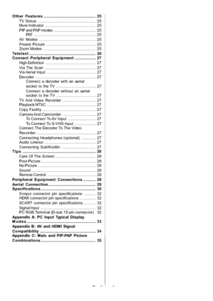 Page 3
English-2-
Other Features ............................................... 25
TV Status .................................................... 25
Mute Indicator .............................................. 25
PIP and PAP modes ...................................... 25
PAT ........................................................ 25
AV Modes ................................................... 25
Freeze Picture ............................................. 25
Zoom M...