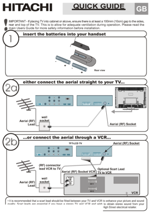 Page 40Rear view
IMPORTANT   - If placing  TV  into  cabinet  or  alcove,  ensure  there  is  at  least   a 100mm  (10cm)  gap  to  the  sides,  
rear  and  top  of  the  TV.  This  is  to  allow  for  adequate  ventilation  during  operation.  Please  read  the  
main  Users  Guide  for  more  safety  information  before  installation.
insert  the  batteries  into  your  handset
QUICK  GUIDE
+
+
--
GB
ANT.IN
VCR
AV- 1
AV- 2
either  connect  the  aerial  straight  to  your  TV...
...or  connect  the  aerial...