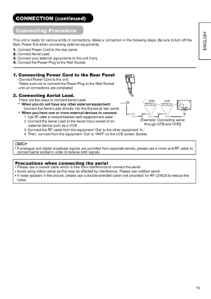 Page 1615
ENGLISH
Connecting Procedure
This unit is ready for various kinds of connections. Make a connection in the following steps. Be sure to turn off the 
Main Power ﬁ rst when connecting external equipments.
1. Connect Power Cord to the rear panel.
2. Connect Aerial Lead.
3. Connect your external equipments to the unit if any. 
4. Connect the Power Plug to the Wall Socket.
1. Connecting Power Cord to the Rear Panel
Connect Power Cord to the unit.
*Make sure not to connect the Power Plug to the Wall Socket...