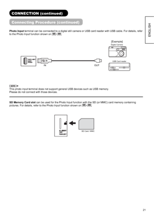 Page 2221
ENGLISH
CONNECTION (continued)
Connecting Procedure (continued)
Photo Input terminal can be connected to a digital still camera or USB card reader with USB cable. For details, refer 
to the Photo Input function shown on 
65~69.
SD Memory Card slot can be used for the Photo Input function with the SD (or MMC) card memory containing 
pictures. For details, refer to the Photo Input function shown on 
65~69.
IN
NOTE
This photo input terminal does not support general USB devices such as USB memory. 
Please...