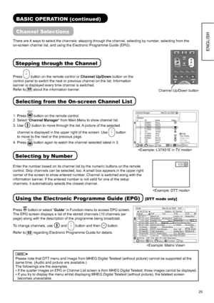 Page 2625
ENGLISH
Channel Up/Down button
BASIC OPERATION (continued)
Channel Selections
There are 4 ways to select the channels: stepping through the channel, selecting by number, selecting from the 
on-screen channel list, and using the Electronic Programme Guide (EPG).
Press
P- + button on the remote control or Channel Up/Down button on the 
control panel to switch the next or previous channel on the list. Information 
banner is displayed every time channel is switched.
Refer to
55 about the information...