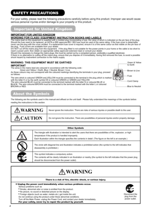 Page 54
The following are the symbols used in this manual and afﬁ xed on the unit itself.  Please fully understand the meanings of the symbols before 
reading the instructions in this section.
WARNINGNever ignore the instruction. There are risks of serious injuries or possible death to the user.
CAUTIONDo not ignore the instruction. There are possibilities of personal injuries and/or property damage.
Other Symbols 
The triangle with illustration is intended to alert the users that there are possibilities of ﬁ...