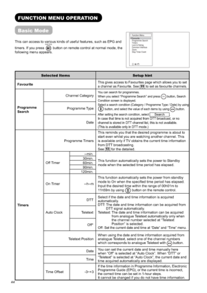 Page 4544
FUNCTION MENU OPERATION
Basic Mode
This can access to various kinds of useful features, such as EPG and 
timers. If you press FUNCTION
 button on remote control at normal mode, the 
following menu appears.
Selected Items Setup hint
Favourite
This gives access to Favourites page which allows you to set 
a channel as Favourite. See
55 to set as favourite channels.
Programme
SearchChannel Category
You can search for programmes.
When you select “Programme Search” and press
OKbutton, Search 
Condition...