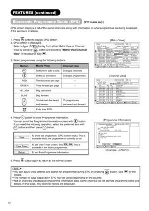 Page 5352EPG screen displays a list of the stored channels along with information on what programmes are being broadcast, 
if the service is available.
1. Press 
 button todisplay EPG screen.
2. EPG screen is displayed.
  Select a type of EPG display from either Matrix View or Channel 
View by pressing
FUNCTIONbutton and selecting “Matrix View/Channel 
View” (if necessary). See
46.
3. Select programmes using the following buttons.
ButtonMatrix View
Channel view
◄►Shifts from side to side. Changes channels....