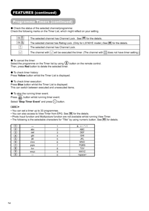 Page 5554z Check the status of the selected channel/programme:
Check the following marks on the Timer List, which might reﬂ ect on your setting.
ONThe selected channel has Channel Lock.  See 45 for the details.
ONThe selected channel has Rating Lock. (Only for L37X01E model.) See 45 for the details.
!The selected channel has Channel Lock. 
The channel withwill be executed the timer. (The channel with does not have timer setting.)
z To cancel the timer:
Select the programme on the Timer list by using
 button on...