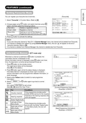 Page 5655
ENGLISH
You can register your favourite list of channels.
1. Select “Favourite” in Function Menu. Refer to 
44.
2. Change pages using
◄► button and select channels using
button. And then select the following buttons.
Red (Del.) Deletes a registered channel.
Green (Add) Registers a channel.
Blue (Info) Switches on and off the display of 
Programme name and End time. (DTT only)
3. Press OK button to activate the settings.
NOTE
• If you set a favourite channel to “Skip On” in Channel Manager menu, the...