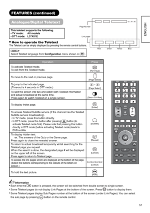 Page 5857
ENGLISH
FEATURES (continued)
Analogue/Digital Teletext
This teletext supports the following.
• TV mode:  All models
• DTT  mode:  L37X01E
How to operate the Teletext
The Teletext can be simply displayed by pressing the remote control buttons.
NOTE
Select Teletext language from Conﬁ guration menu shown on35 .
Operation Press
To activate Teletext mode.
To exit from the Teletext mode.
[TVÙText]
To move to the next or previous page.[Page Select]
To jump to the indicated page.
(Time-out is 4 seconds in DTT...