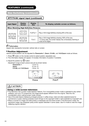 Page 6160
FEATURES (continued)
Size Switching (continued)
DTT/TV/AV signal input (continued)
Input SignalDisplay
ScreenDisplay
SizeTo display suitable screen as follows.
When Watching High Deﬁ nition Pictures:
(16:9 Signal)
Full/Full 1Play a 16:9 image faithfully showing 95% of the size.
Full 2
Play a 16:9 image faithfully showing 100% of the size.
* In some case, the screen display has unnecessary blanking or 
noise at the edges.
 Information
Aspect ratio represents horizontal: vertical ratio on screen....