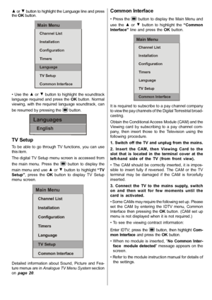 Page 20English   - 19 -
 or  button to highlight the Language line and press
theOK button.
Main Menu
Channel List
Installation
Configuration
Timers
Language
TV Setup
Common Interface
•  Use the  or  button to  highlight  the soundtrack
language required and press the OK button. Normal
viewing,  with  the  required  language  soundtrack,  can
be resumed by pressing the
 button.
Languages
English
TV Setup
To  be  able  to  go  through TV  functions,  you  can  use
this item.
The digital  TV Setup menu  screen is...