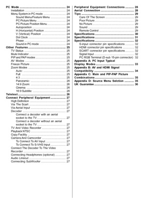 Page 3English   - 2 -
PC  Mode .......................................................... 24Installation ................................................... 24
Menu System in PC mode ............................ 24 Sound Menu/Feature Menu ................... 24
PC Picture Menu .................................... 24
PC Picture Position Menu ....................... 24
Autoposition .......................................... 24
H (Horizontal) Position ........................... 24
V  (Vertical)  Position...