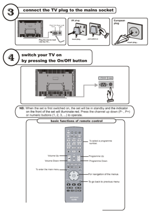 Page 40connect the TV plug to the mains socket
switch your TV on
by pressing the On/Off button
NB: When the set is first switched on, the set will be in standby 
. Press the channel up down (P- and the indicator
        on the front of the set will illuminate red , P+)
        or numeric buttons (1, 2, 3, ...) to operate.
insert plug...
European
plug
...and switch on
insert plug...
UK plug
Power Cord 
InputPower on/off 
button
Plug the mains lead
into the TV...
basic functions of remote control
RGB2
TV/DTT...