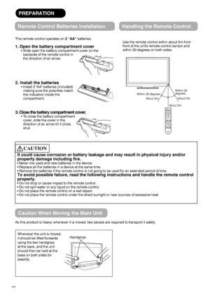 Page 1312
CAUTION
It could cause corrosion or battery leakage and may result in physical injury and/or 
property damage including fire.
 Never mix used and new batteries in the device.  
 Replace all the batteries in a device at the same time.
 Remove the batteries if the remote control is not going to be used for an extended period of time.
To avoid possible failure, read the following instructions and handle the remote control 
properly.
 Do not drop or cause impact to the remote control.
 Do not spill water...