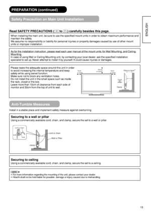 Page 1413
ENGLISH
Read SAFETY PRECAUTIONS ( 4to7) carefully besides this page.
When installing the main unit, be sure to use the specified mount units in order to obtain maximum performance and 
maintain the safety.
We assume no responsibility or liability for personal injuries or property damages caused by use of other mount 
units or improper installation.
As for the installation instruction, please read each user manual of the mount units: for Wall Mounting, and Ceiling 
Mounting.
In case of using Wall or...