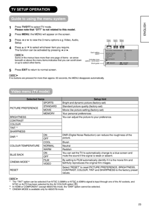 Page 2423
ENGLISH
TV SETUP OPERATION
Guide to using the menu system
Selected Items Setup hint
PICTURE PREFERENCESPORTS Bright and dynamic picture (factory-set)
STANDARD Standard picture quality (factory-set)
MOVIE Movie-like picture setting (factory-set)
MEMORY Your personal preferences
BRIGHTNESS You can adjust the picture to your preference.
CONTRAST
COLOUR
TINT *
1
SHARPNESS
DNR *
2ON DNR (Digital Noise Reduction) can reduce the roughness of the 
picture.
OFF
COLOUR TEMPERATURECOOL Bluish
NORMAL Neutral
WARM...